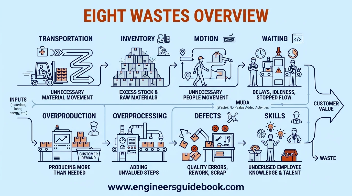 8 wastes of lean manufacturing with practical examples 1 1. Eight wastes overview