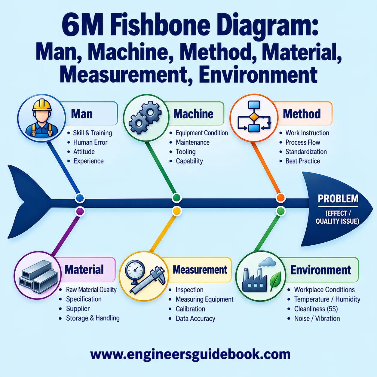 6M Fishbone Diagram Man, Machine, Method, Material, Measurement, Environment