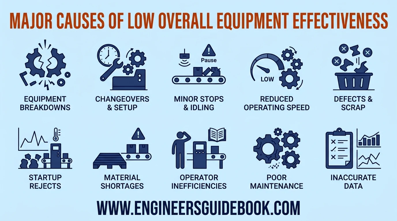 Oee: overall equipment effectiveness formula, calculation, and examples 13 7. Major causes of low overall equipment effectiveness