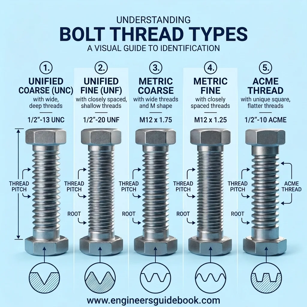 Bolt thread types metric, unc, unf, and bsw